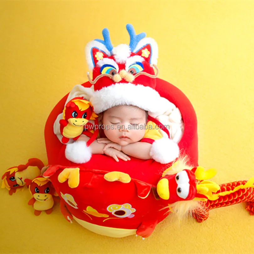 Chinese Style Dragon Bonnet Newborn Photography Props Handmade Baby Pompom Bonnet Photo Studio Accessories