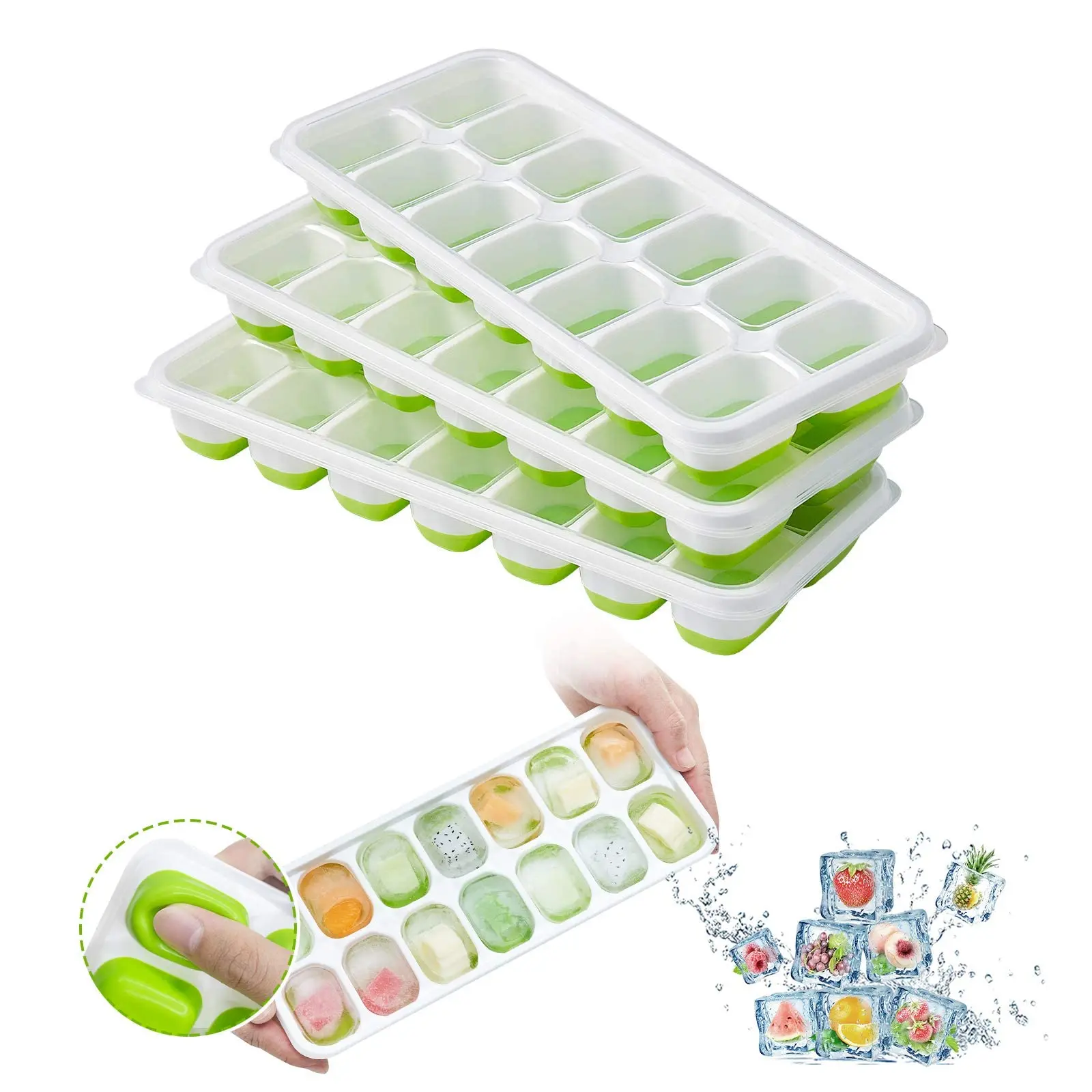 DUMO 14 Cavity Ice Cube Tray with Covers Mold Easy Release Silicone for Cocktail Freezer Stackable Ice Trays Mold Summer (1600450996343)