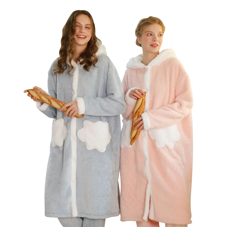 Wholesale Thick Hooded Robe Pajama Buttons Long Pajamas Girl Pajama