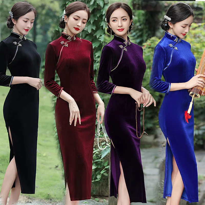 Новое бархатное платье Cheongsam со средним рукавом однотонное приталенное Модное Длинное темпераментное оптом
