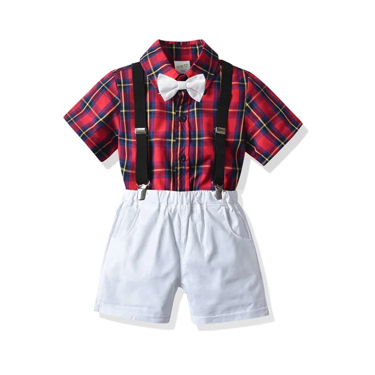 Kids Summer Wear for Party Little Boys Clothes Baby Red Check with Bow Tie and Suspender Shorts 4 Piece Toddler Boy Clothing Set