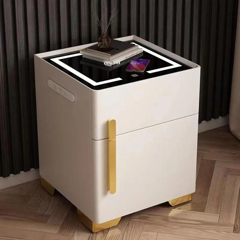 Modern Bedroom Luxury Wooden Nightstand USB Charger Night Stand Luxury Leather Safe Smart Bedside Table With LED Light Speaker