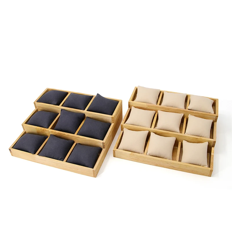 Wholesale hot sale watch bracelet display props beige solid wood 3-layer 9-position pillow tray