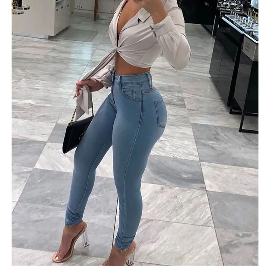 Women Jeans Mid Waist Stretch Skinny Denim Pants Autumn Winter Blue Retro Washed Elastic Slim Pencil Trousers Autumn And Winter