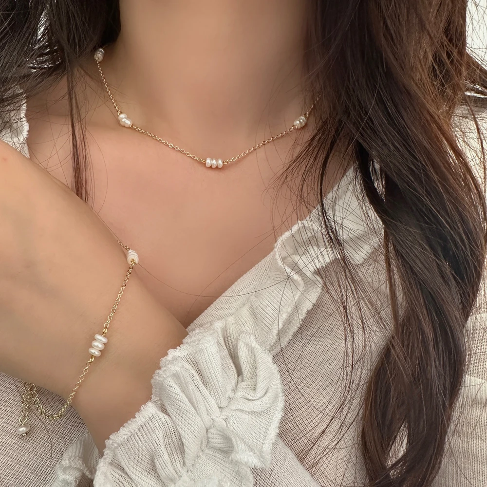 Vershal B-265 Korean Style 18K Gold Plated Link Chain Necklace Freshwater Pearl Necklace Women