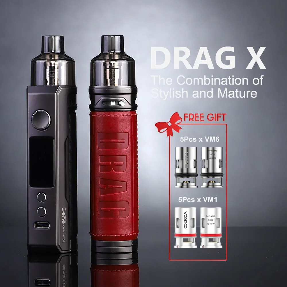 
Original VOOPOO DRAG X Mod Pod Kit 2ml RTA Pod Tank PnP-VM6 0.15ohm/PnP-VM1 0.3ohm Coil 80W Max Output E-cig Vape Kit VS Vinci X 