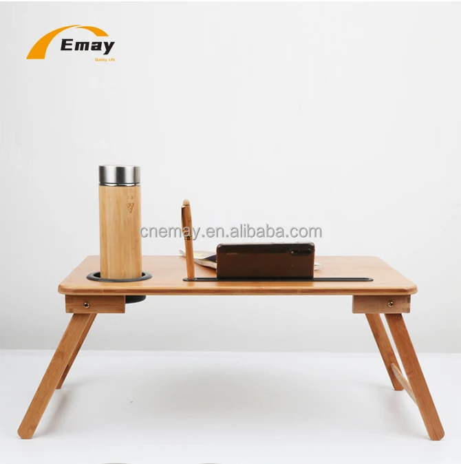 Bamboo Folding  Lap Table Laptop Desk Bed  Small Dormitory Bed Table Tray With Phone Stand Cup Holder Support