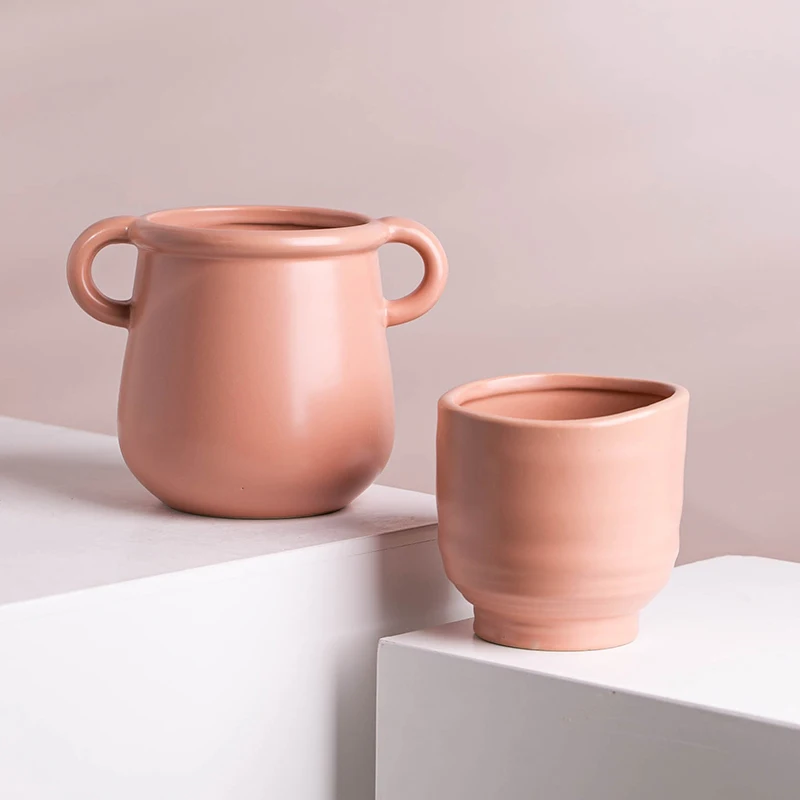 Nordic indoor ceramic flower pots planters garden pot pink large capacity plants pots with handgrip
