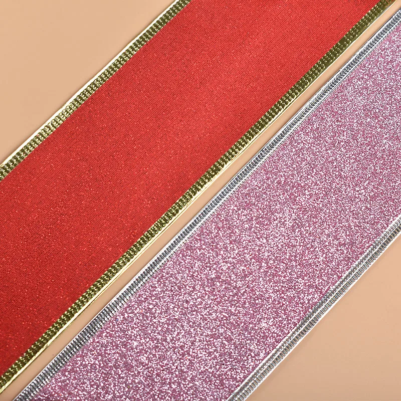 50mm Gold Wire Edge Metallic glitter ribbon Polyester Ribbon Roll Christmas ribbons For Decoration