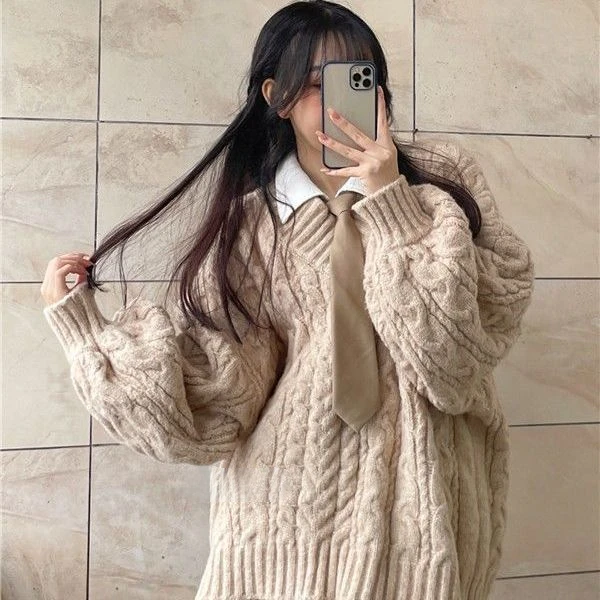 Odoodem Vintage Elegant Woman Pullover Sweater Solid Chunky Cable Knit Winter Oversize Long Sleeve with Button Decoration