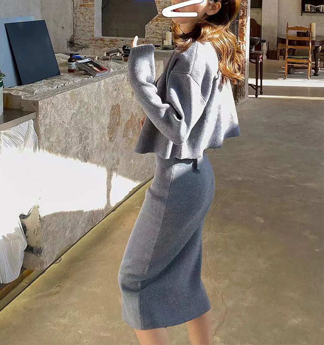 2022 Winter Fall Casual Fashion Long sleeve Knitted Cardigans Spaghetti Strap Sweater Dress For Women 2 Piece Set Clothing