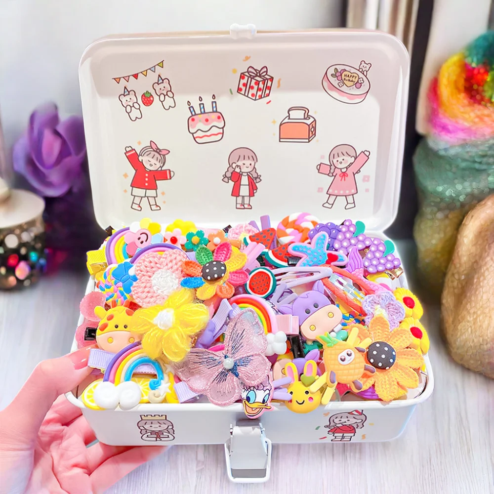 14-Piece Set Rainbow Hair Grips Fashionable Heart-Shaped Metal and PC Material Cute Design for Baby Girls