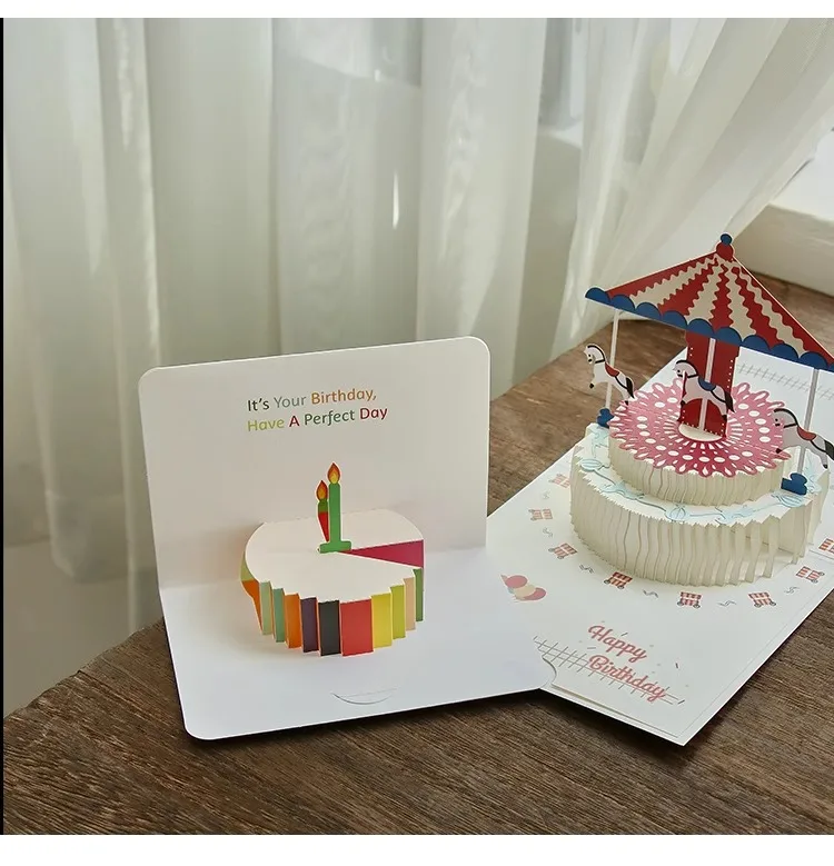 3D Birthday Cake decoration Folding Paper Greeting Card  Creative Engraving Three-dimensional Birthday Blessing Card