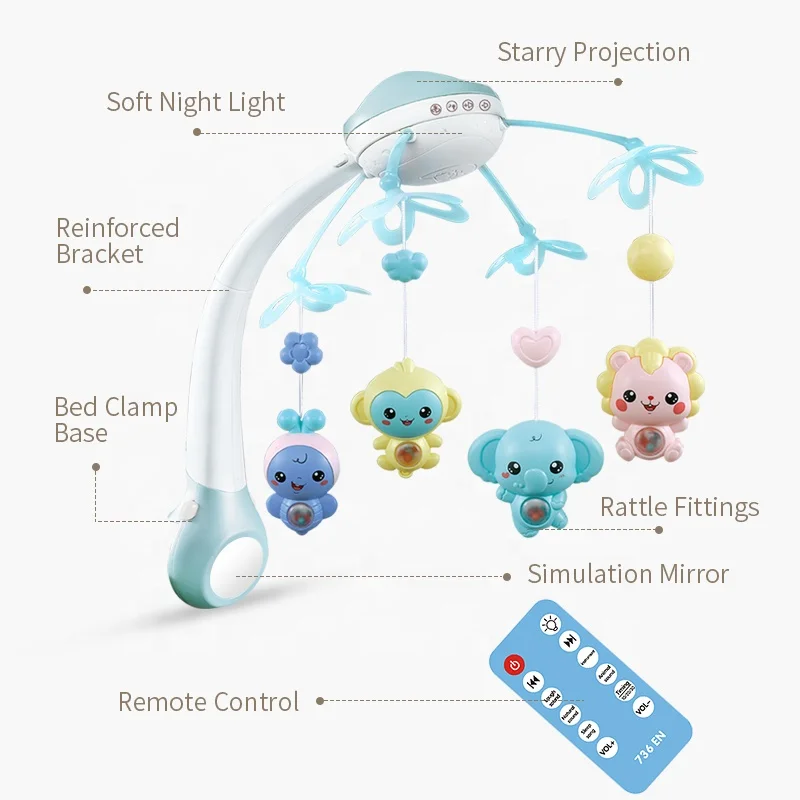 Bluetooth Remote Control 360 Rotating Bed Bell Toy Crib Mobiles with Soft Night Lights Projector Baby Crib Mobile with Music