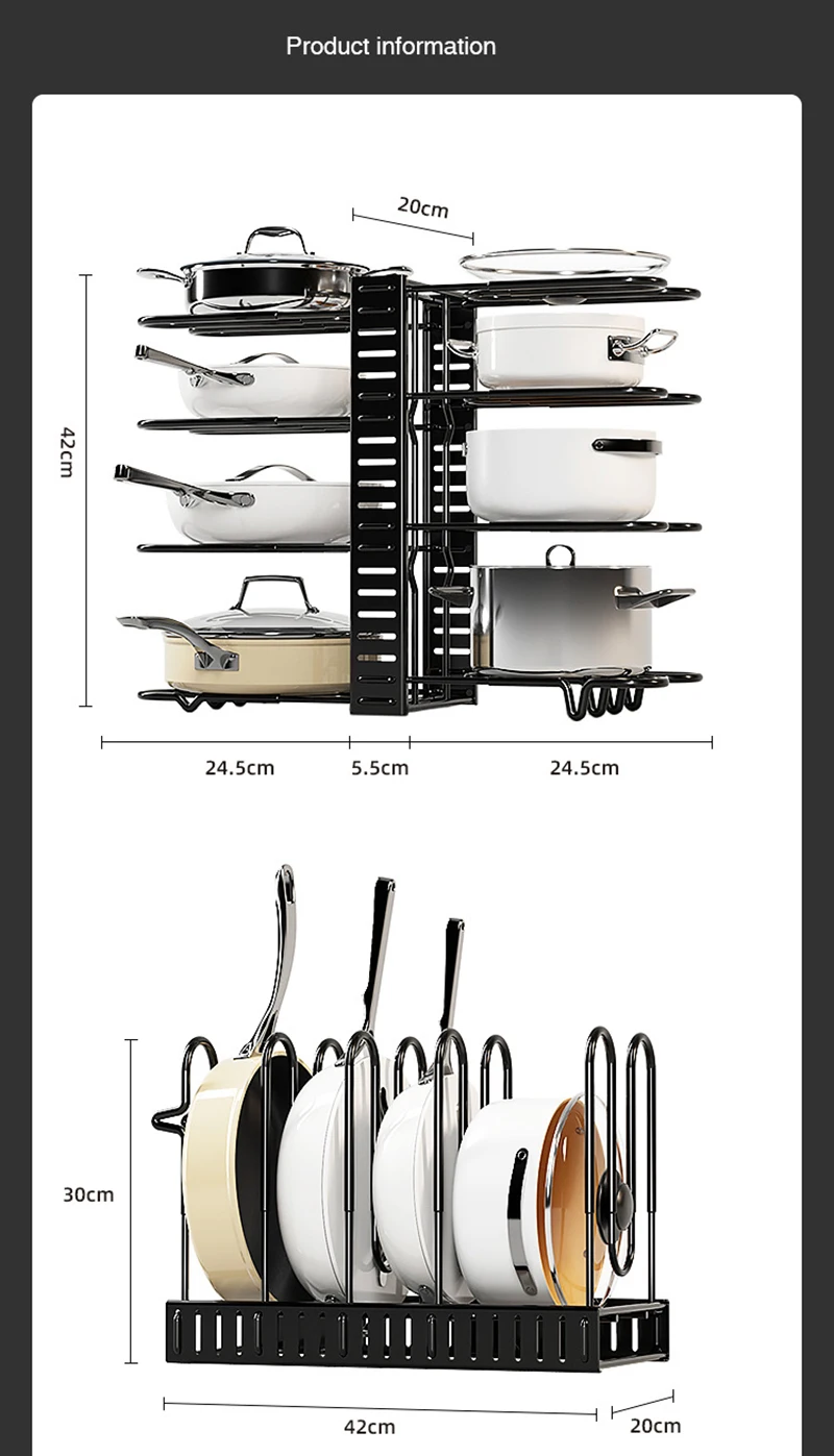 Kitchen Shelf Removable and Foldable Table Top Storage Rack Bilateral Pot Shelf Organizer Multifunctional Stainless Steel Black