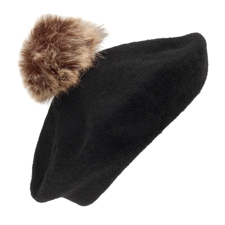 Wool Blend French Beret Girls Ball Hats Cap Custom Knit Beanie Winter Warm Beret Hat with Fur Pom Pom
