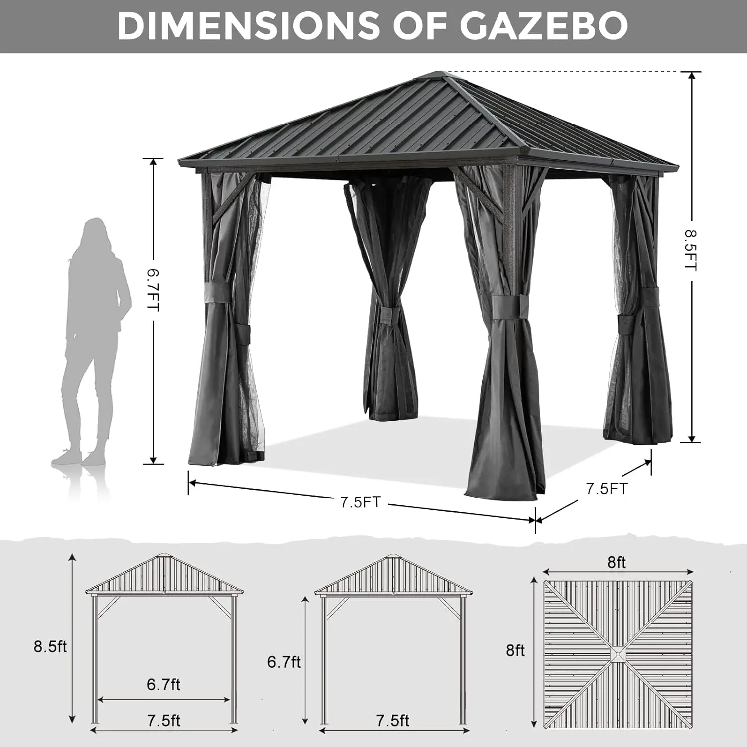 ABCCANOPY Hardtop Gazebo Single Roof Outdoor Pavilion with 2-Layer Hard Top Galvanized Iron Frame Garden Tent