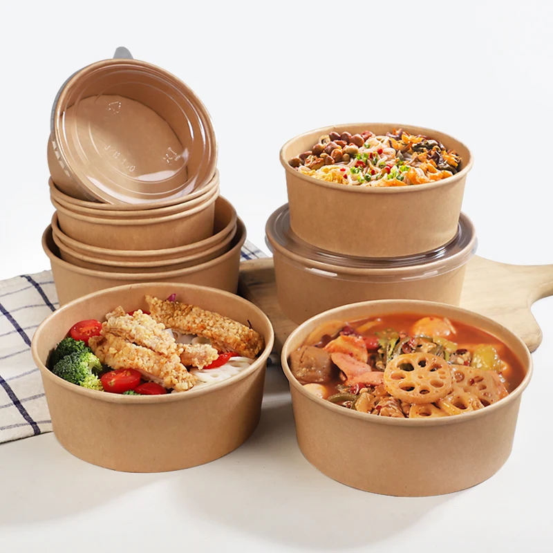 Take away Kraft paper salad bowl food container Customized disposable kraft paper bowl for salad