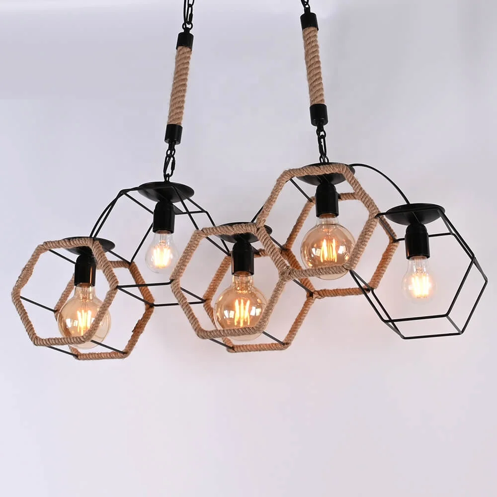 Golden Chandelier Lights and Lighting Home Retro Design Hanging Iron Pendant Lamparas Big Rope