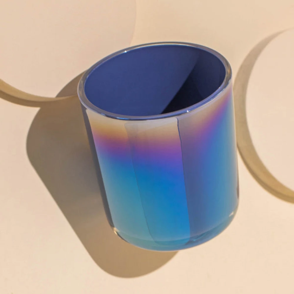 Fashion Custom Design Luxury Iridescent Rainbow Empty Glass Candle Jar Scented Color Glass Jars Candle With Lid