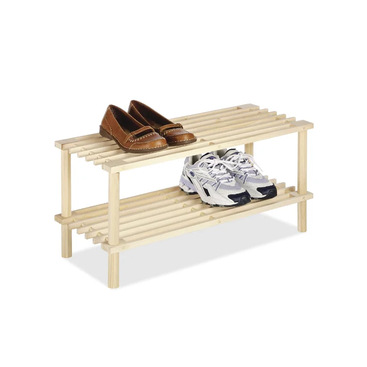 Custom rustic 2 tier bedroom hallway multifunctional wood shoe rack for sale