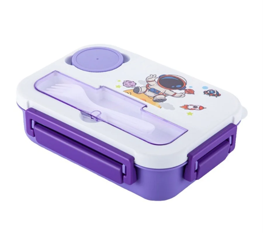 1300ml PP Plastic Cute Design Kid Children Lunch Bento Box with Sauce Container and 4 Compartments, Cutlery
