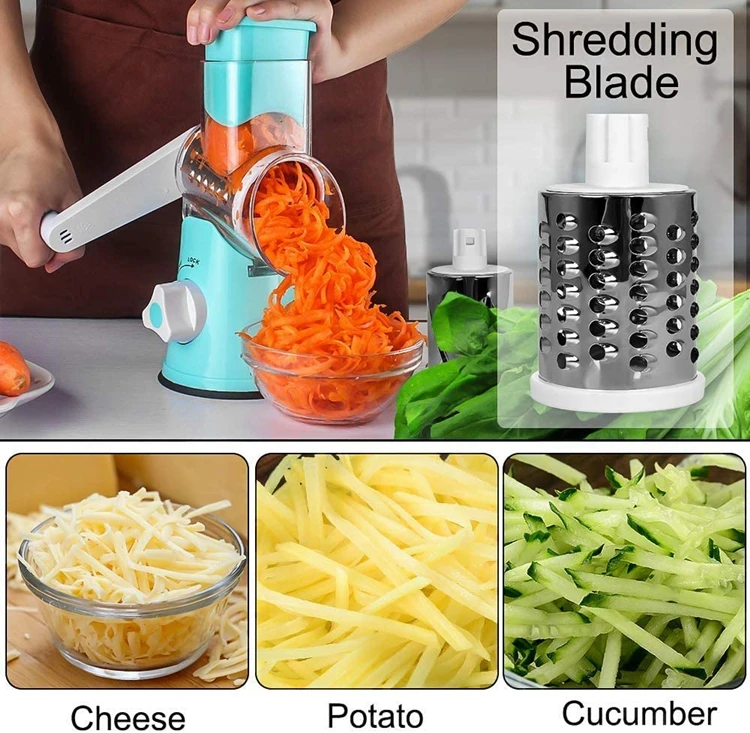 Round Mandoline Slicer Nuts Grinder Rotary Cheese Grater with 3 Stainless Steel Drum Blades