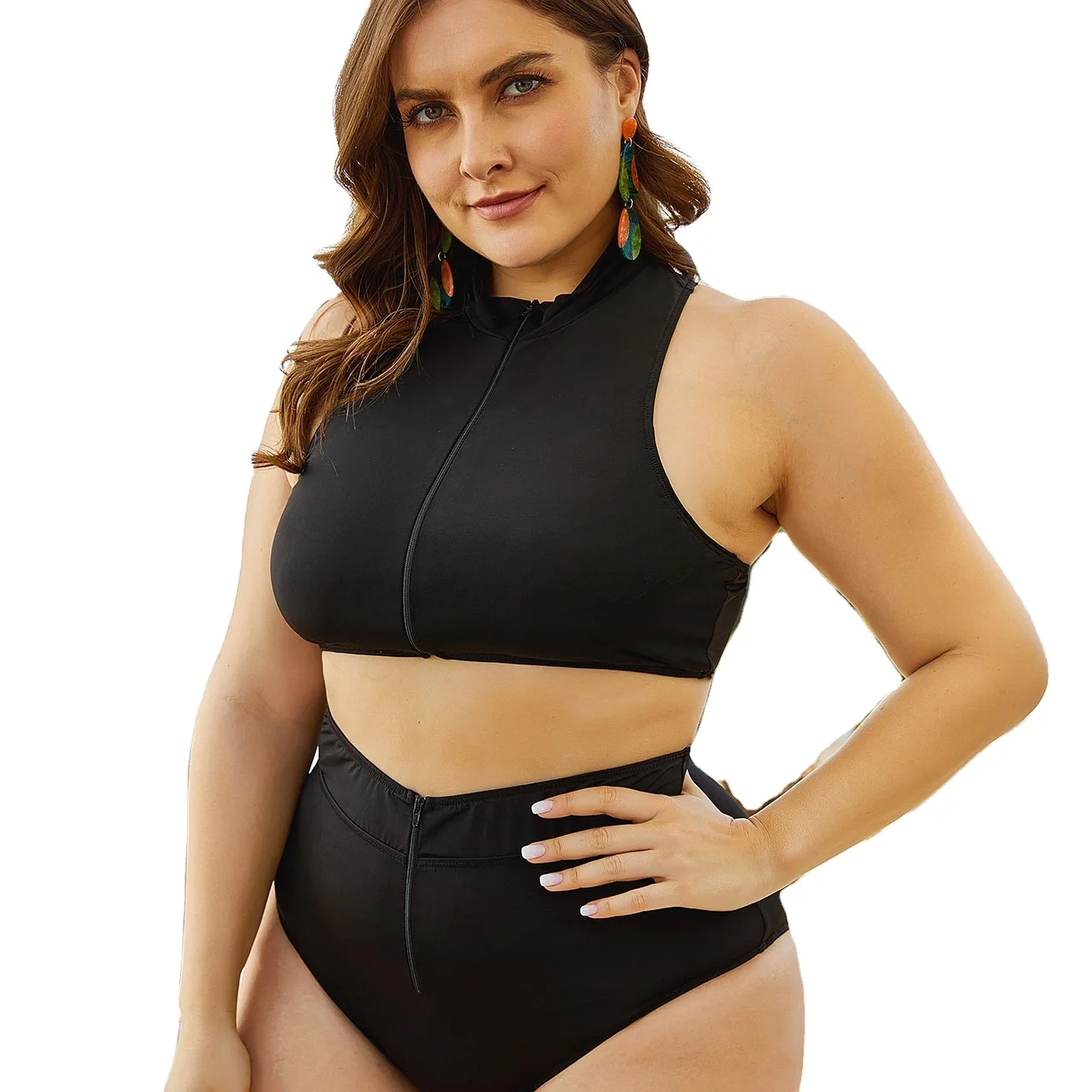 Zipper Women Split Swimsuit 2 Piece Set Retro Bikini Bathing Suit Beachwear Tummy Control High Cut Swimwear