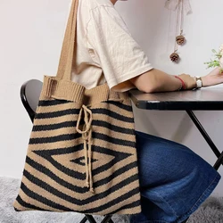 Winter&Autumn Crochet Shoulder Bag Large Capacity Shopping Handbag Drawstring Wool Knitted Tote Bag