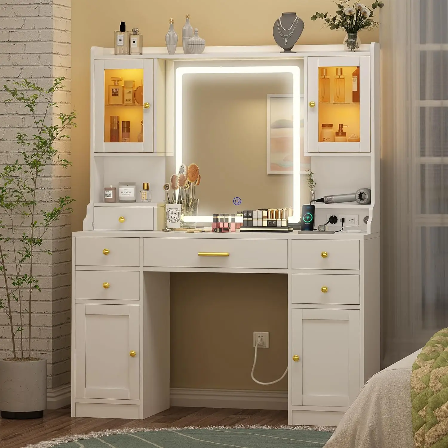 RGB Lights 6 Drawers White Large Make up Vanity Mirror Vanity Desk with Mirror and Charging Station