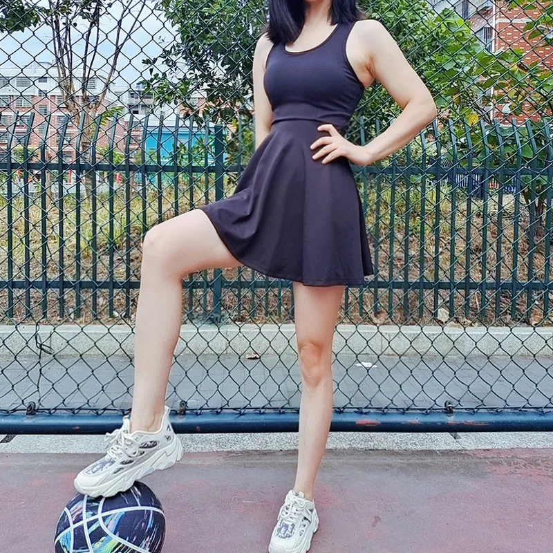 Women Exercise Dress with Detachable Shorts Built-in Bra Workout Dress Mesh Tennis Golf Athletic Dress Pockets Sport Clothing