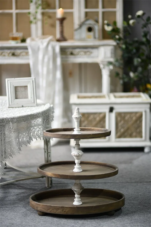 Distressed White Wood Tiered Serving Tray Stand,Rustic Farmhouse Kitchen Decor Three Tiered Tray Cake Stand