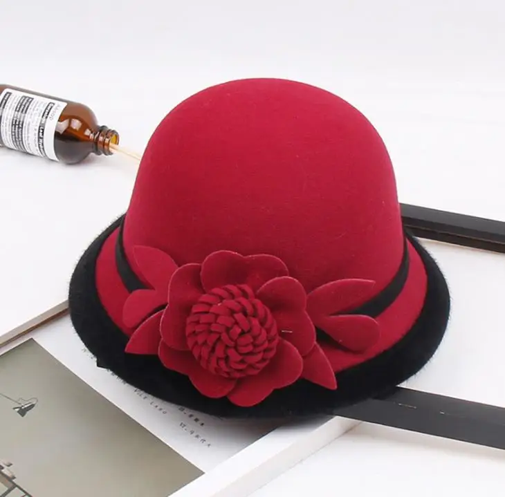 RTSJY-544 цветовом тоне войлок, женская зимняя шапка, модные дамские головные уборы платье церковный головной убор с цветком