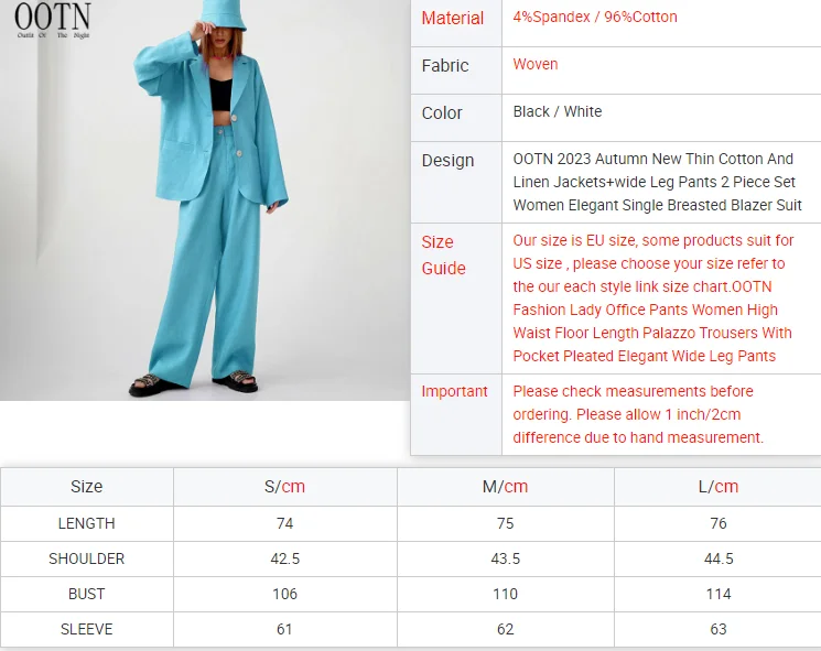 OOTN 2023 Autumn New Thin Cotton And Linen Jackets+wide Leg Pants 2 Piece Set  Women Elegant  Single Breasted Blazer Suit