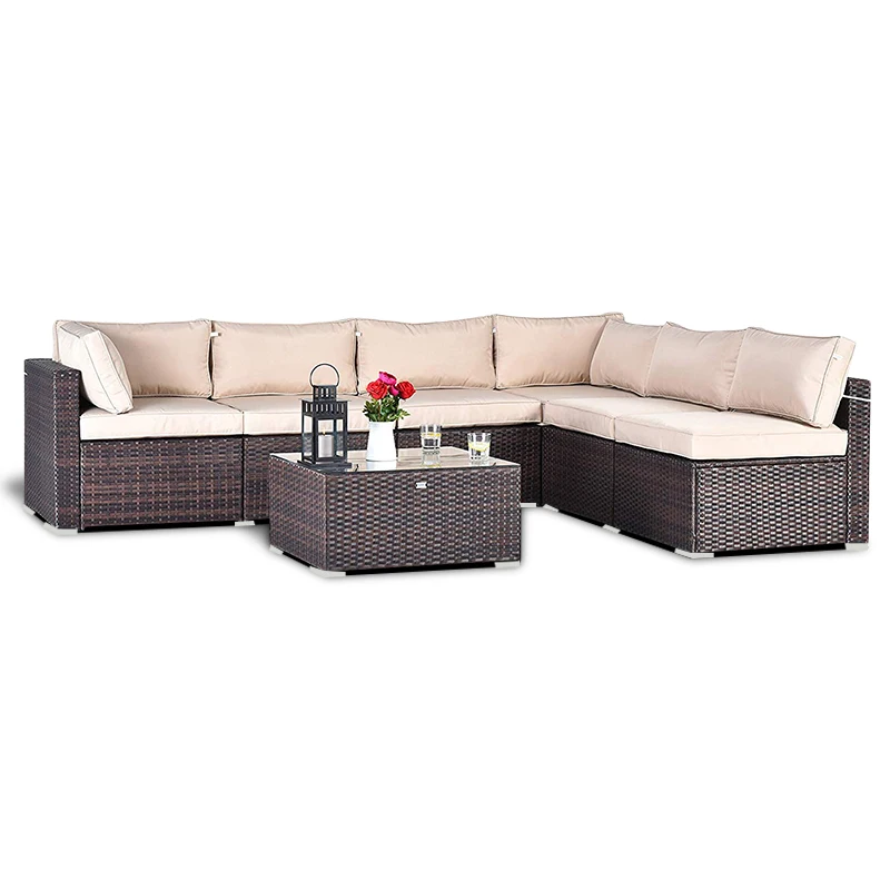 Outdoor furniture wicker brown Rattan sectional Garden Sofa sets with table for courtyard patio