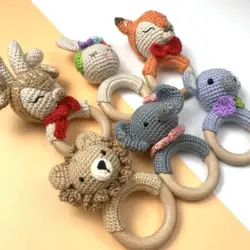 Wholesale 100% Handmade Crochet Rattle Wooden Baby Rattles Baby Pacifier Clip Bracelet Rattle Teether Toy Set