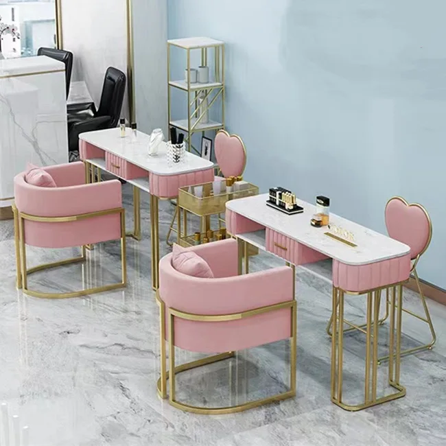 Modern Pink Salon beauty furniture Single nail manicure metal table with chair