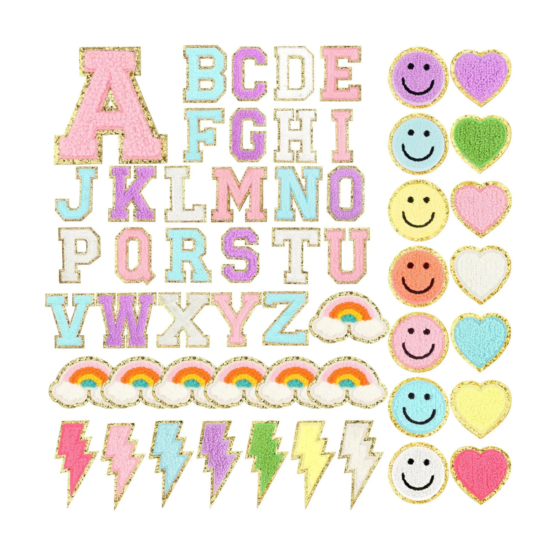 Wholesale Custom Packaging Alphabet Letter Embroidery Applique Golden Gillter 3M Iron on Pink Chenille Patches