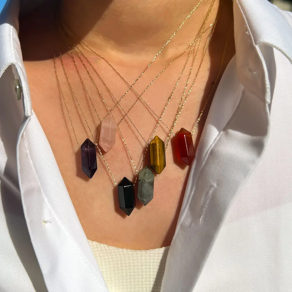 Stainless Steel Pink Gemstone Hexagonal Bullet Red Agate Pendant Necklace Tiger Eyes Amethyst Energy Natural Stone Necklace