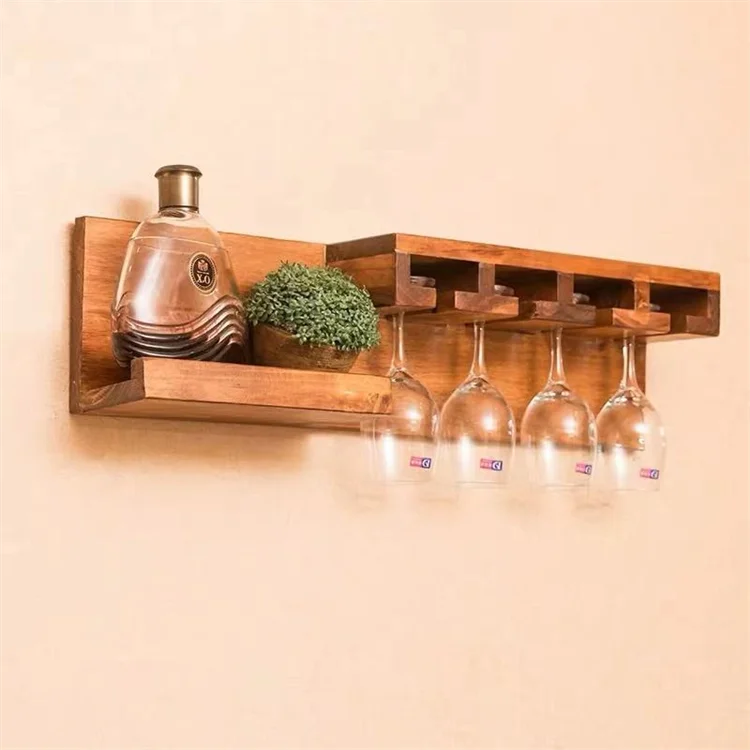 Factory Sale Walnut Color Wall-Mounted Wine Shelf Bamboo Bottle Wooden Glass Holder