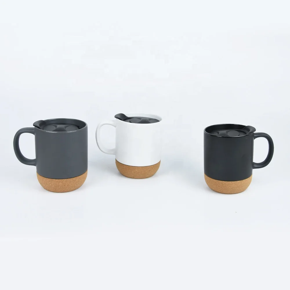 ceramic coffee mug with cork base and pp lid matte black and white color nordic style