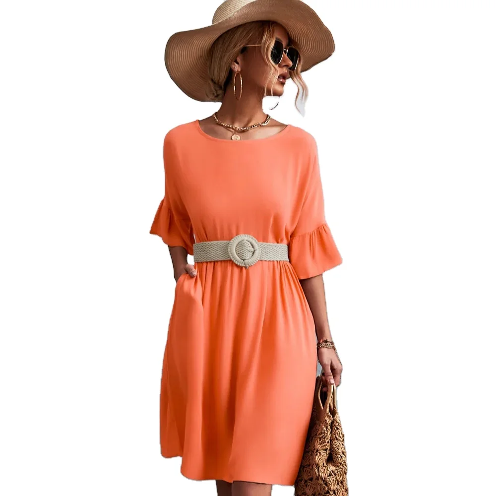 Hot sale Classic solid color round neck short sleeve ruffle patchwork dress clothing manufacturers custom