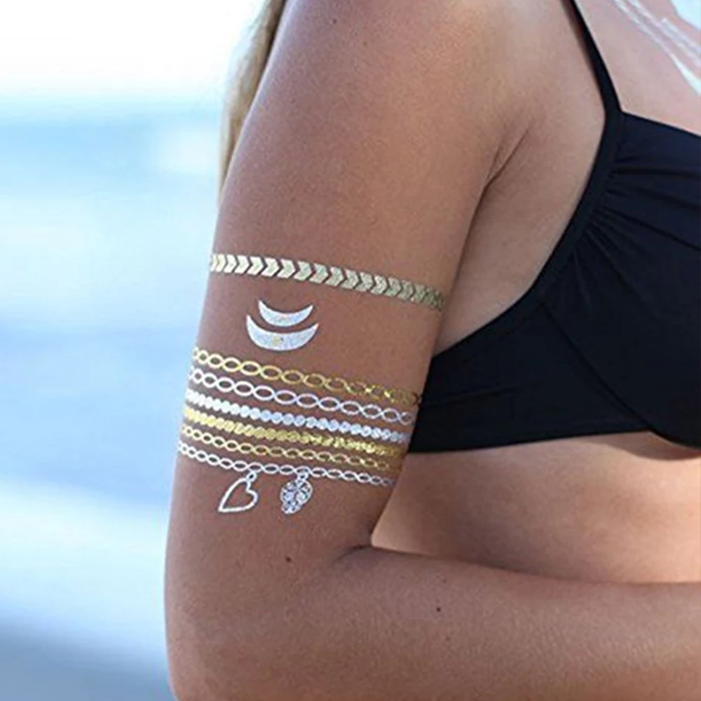 OEM Body Water Transfer Temporary Tatoo Gold Stamping Sticker Metallic Gold Silver Flash Tattoo Henna Sticker temporary tattoo