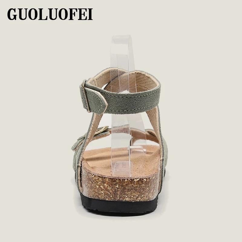 GUOLUOFEI Women Suede Cork Sandals Flat Buckle Casual Ankle Strap Sandals
