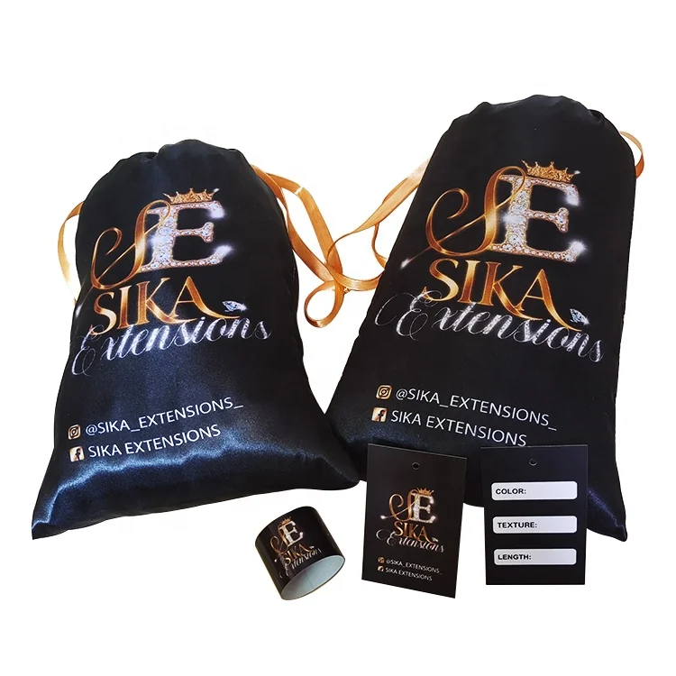 BN-142 Wholesale drawstring gift silk satin pouch hair extension packaging black satin bag with customized logo