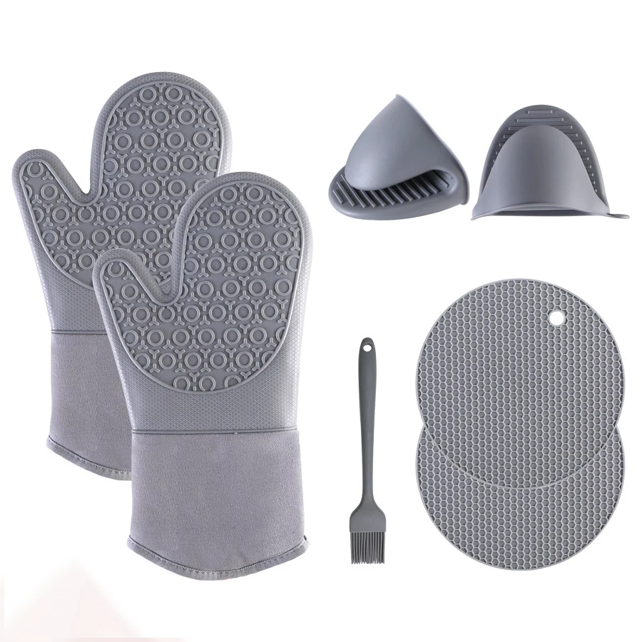 
Home Kitchen Oven Microwave Cooking BBQ Grill Gloves Non-slip Extra Long Cotton Lining Heat Resistant Silicone Oven Mitts Set 