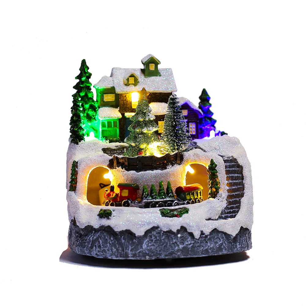 Xmas Navidad Resina Personalized Resin Christmas Ornaments Christmas Glowing Snow House Music Box With Rotating Train