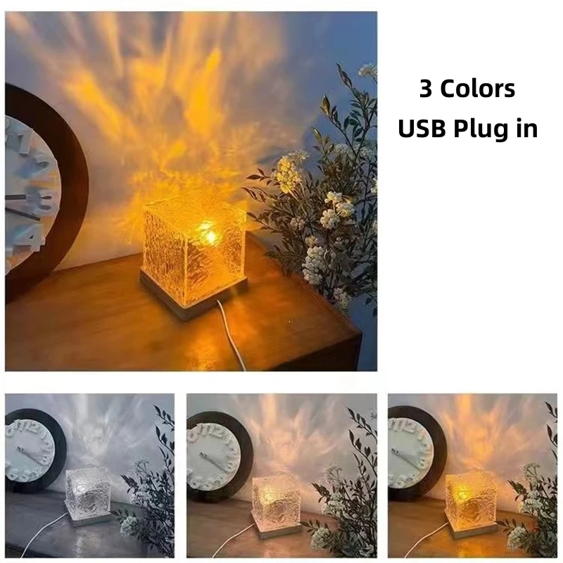 Remote Control LED Rotating Water Ripple Night Light RGB Color Changing Cube Crystal Table Lamp for Bedroom Decoration