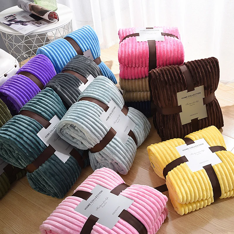 MU Factory Custom Design 100% Polyester Soft Throw Striped Yellow Coral Fleece Blanket for Winter