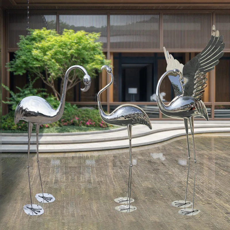 Stainless Steel Crane Sculpture Metal Mirror Flamingo Ornaments Hotel Waterscape Landscaping Sales Department Lawn Ornaments